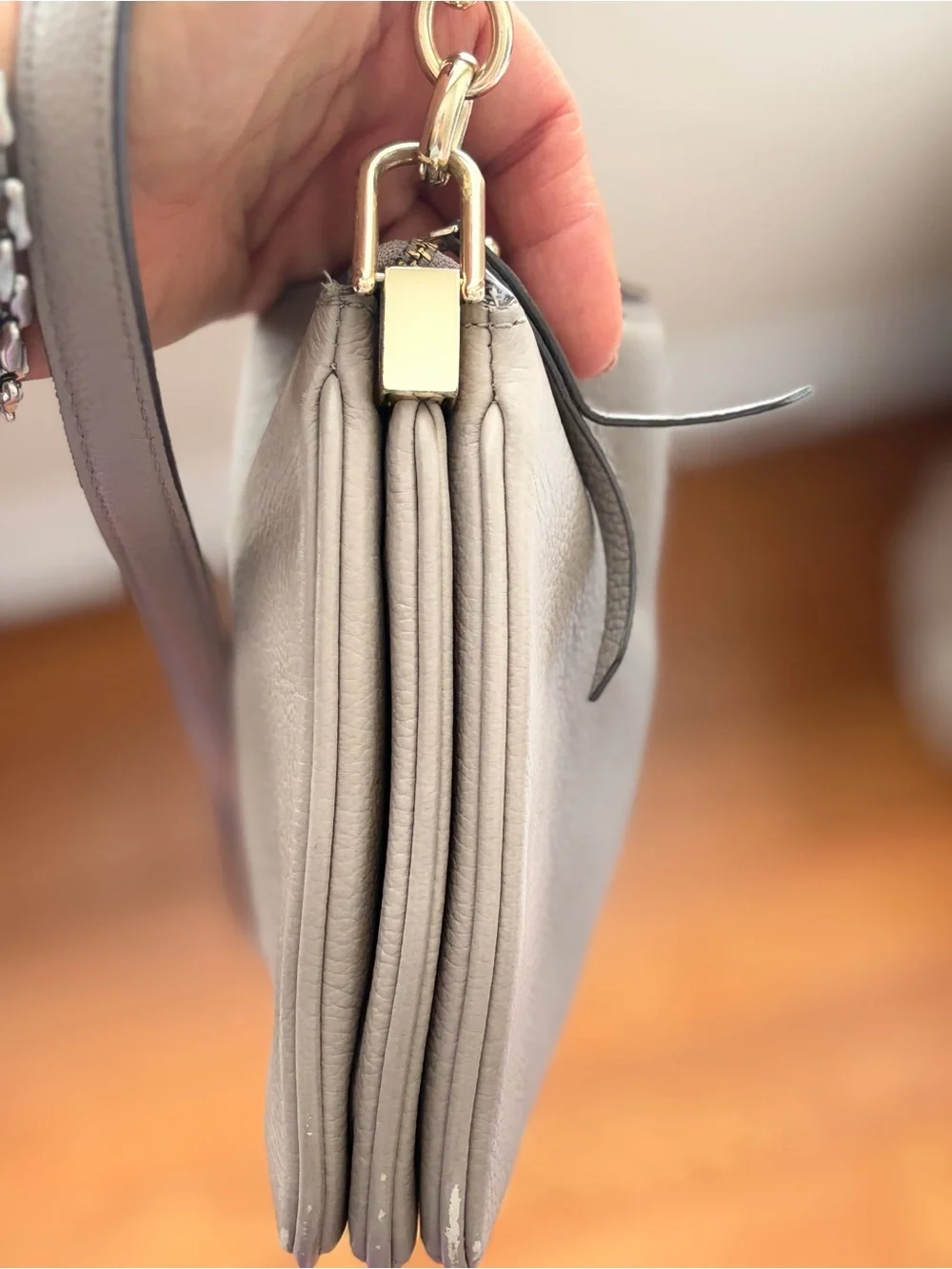 kate spade Gray Pebbled Leather Crossbody with Gold Hardware.